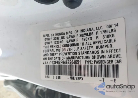 2014 Honda Civic Ex-L z USA, uszkodzony, nr VIN 19XFB2F94EE264651